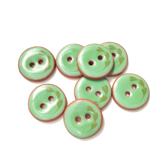 Green Ceramic Leaflet Buttons - Round Ceramic Buttons - 3/4" - 8 Pack