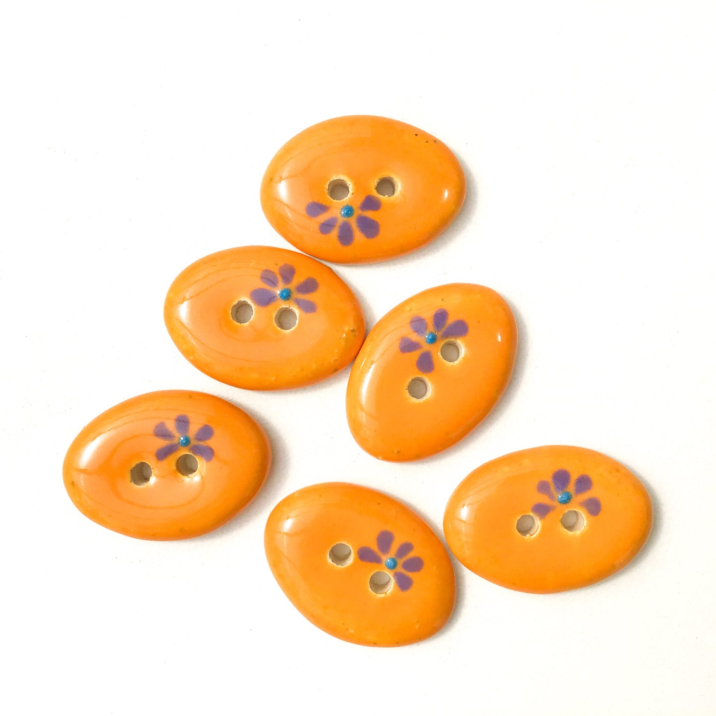 Decorative Oval Ceramic Buttons - Orange Clay Buttons with Purple Flowers - 5/8" x 7/8" - 6 Pack