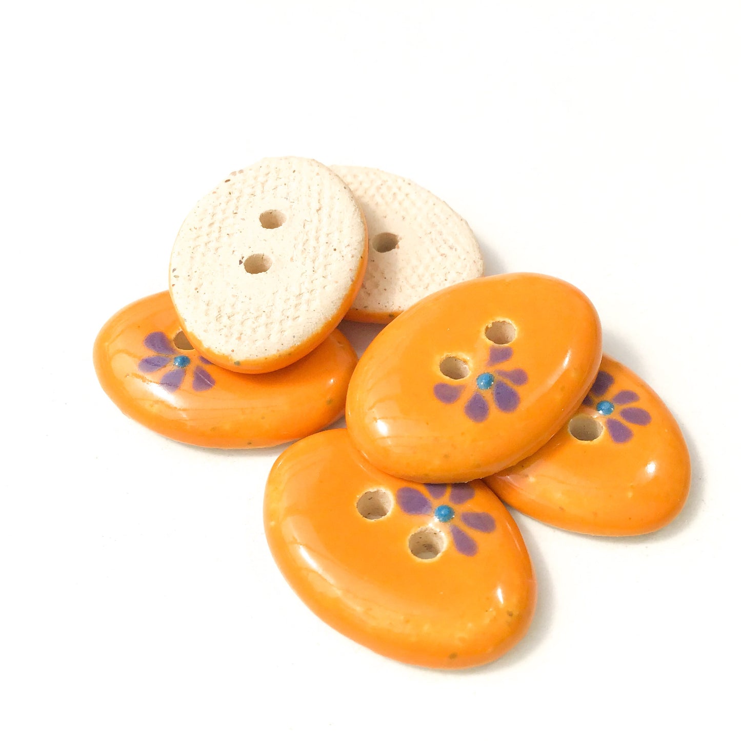 Decorative Oval Ceramic Buttons - Orange Clay Buttons with Purple Flowers - 5/8" x 7/8" - 6 Pack