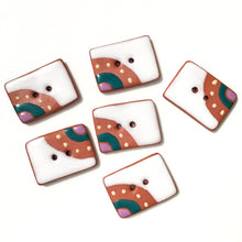 Load image into Gallery viewer, Decorative Rectangle Buttons in on Red Clay - White - Teal - Purple - 3/4&quot; x 1 1/16&quot;