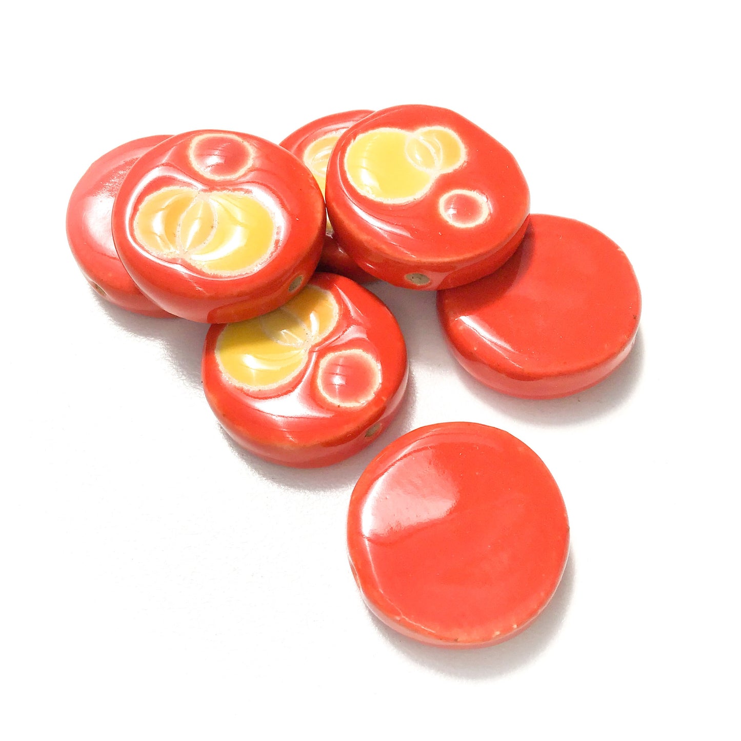 Round Handmade Clay Beads - Reds, Oranges, & Yellow Ceramic Beads - 7/8" x 1/4"