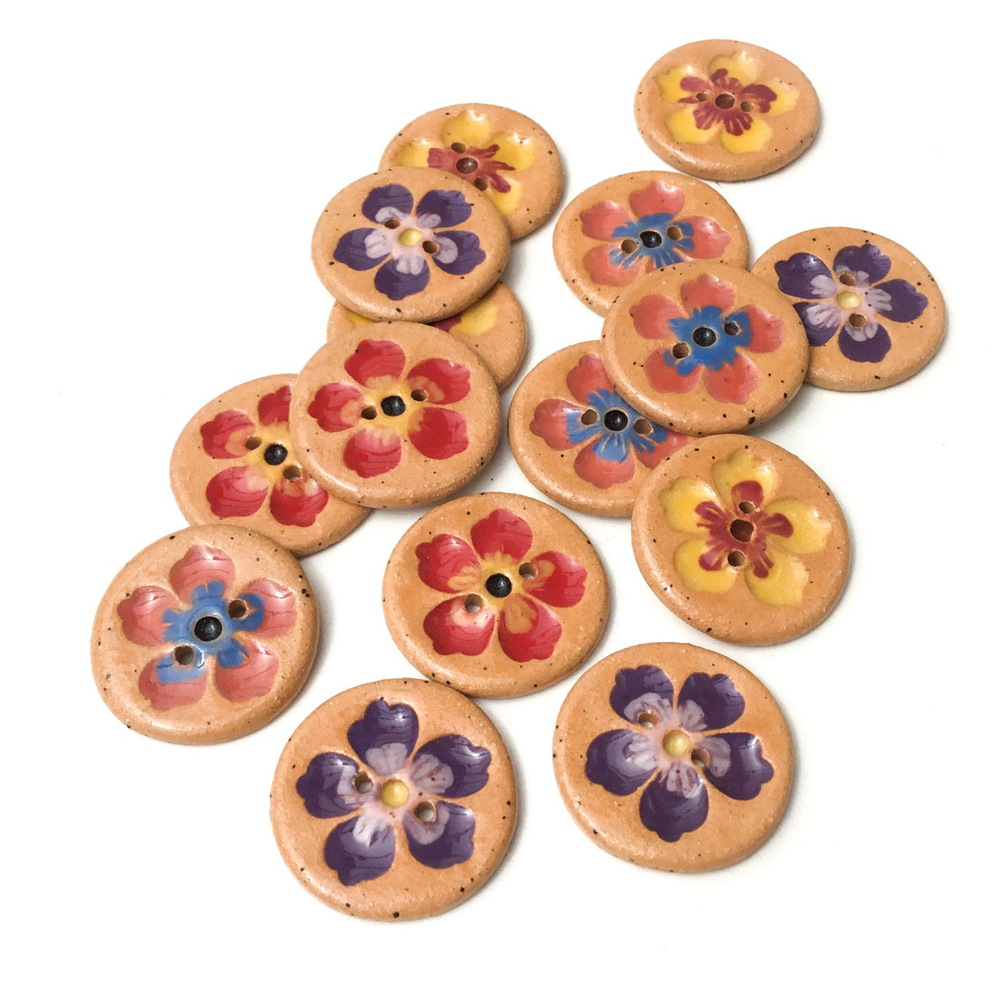 Hawaiian Petals Button - Mixed Colors on Brown Clay - 1 1/16"
