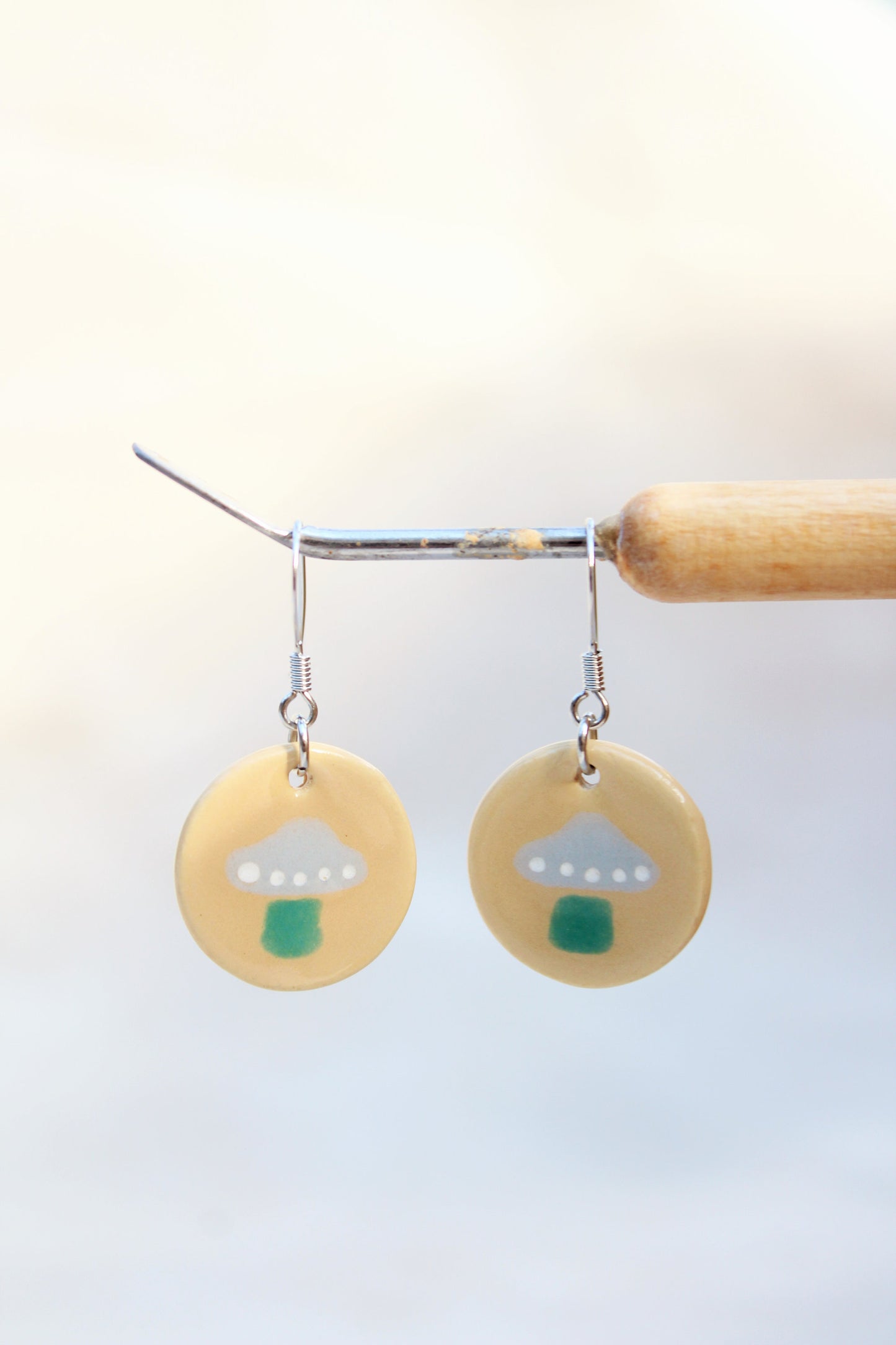 Mushroom Earrings - Ceramic Mushroom Earrings - Tan + Gray + Green Toadstools