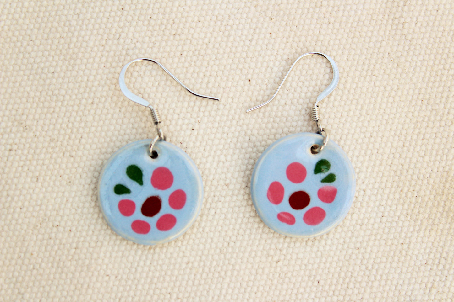 Blue Glazed Ceramic Earrings - Blue Flower Pattern - Blue + Pink