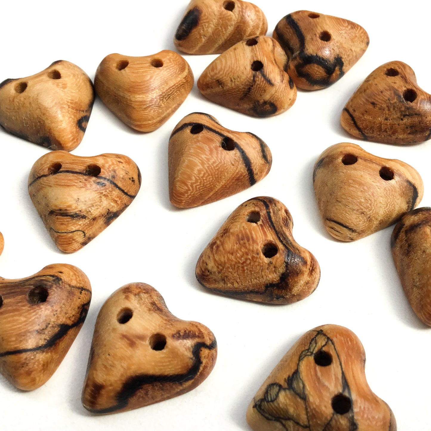 Spalted American Elm Wood Heart Buttons - 13/16" x 7/8"